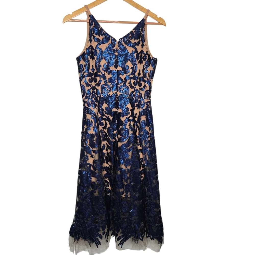 Dress The Population Blair Plunging Fit Flare Formal Sequins Lace Dress Small - Picture 3 of 13
